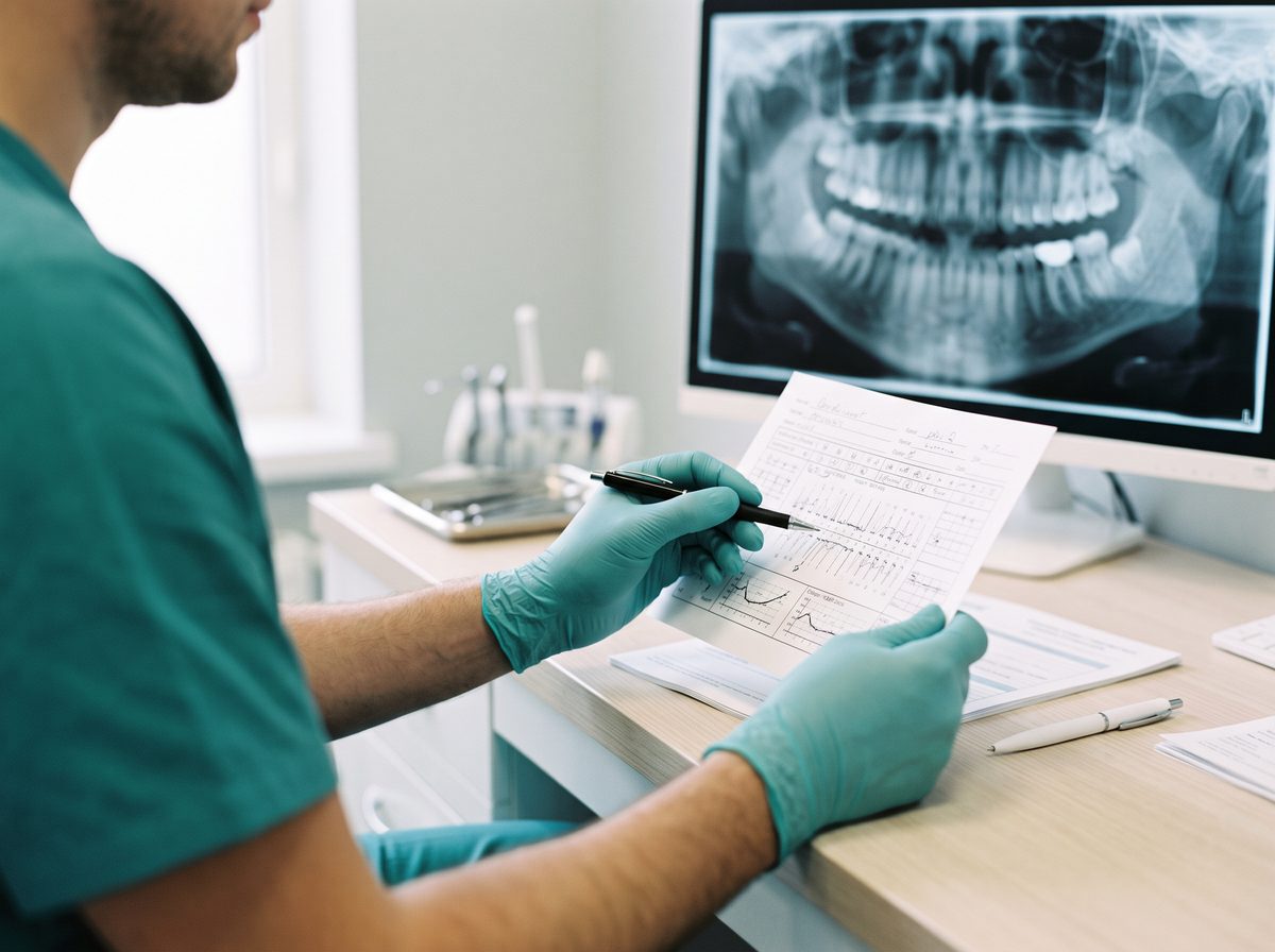 A dentist reviewing a dental chart beside a panoramic x-ray